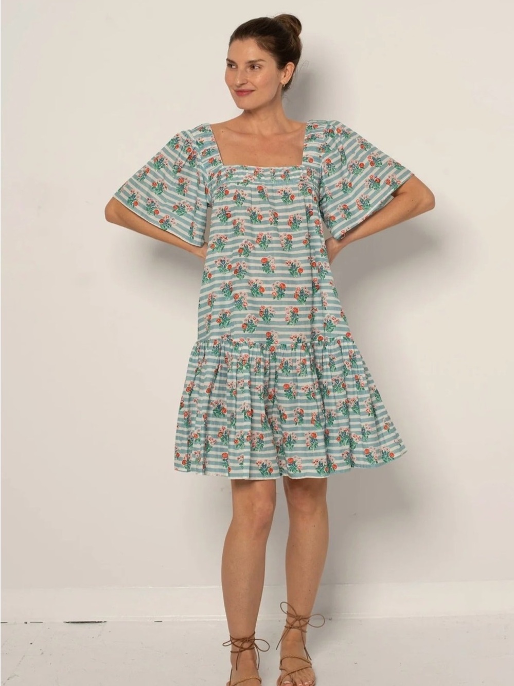 Ophelia & Indigo Short Fifi Dress Pastel Blue Stripe Floral size xxs